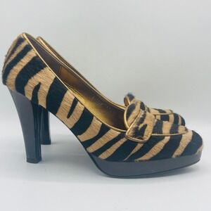 Boden Tiger Print Pony Hair Platform Pumps Gold Metallic Loafer Heels Size 38